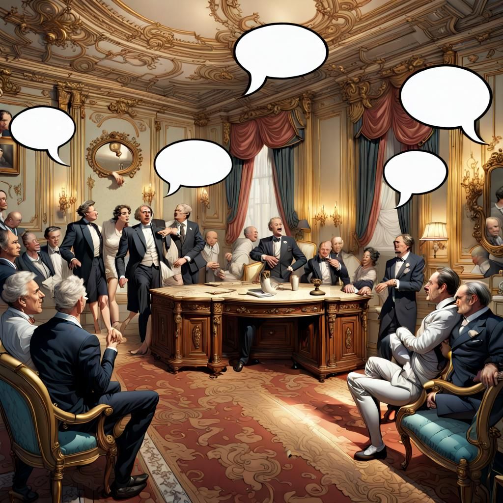 Aristocrats Arguing with Comic Bubbles in 3D