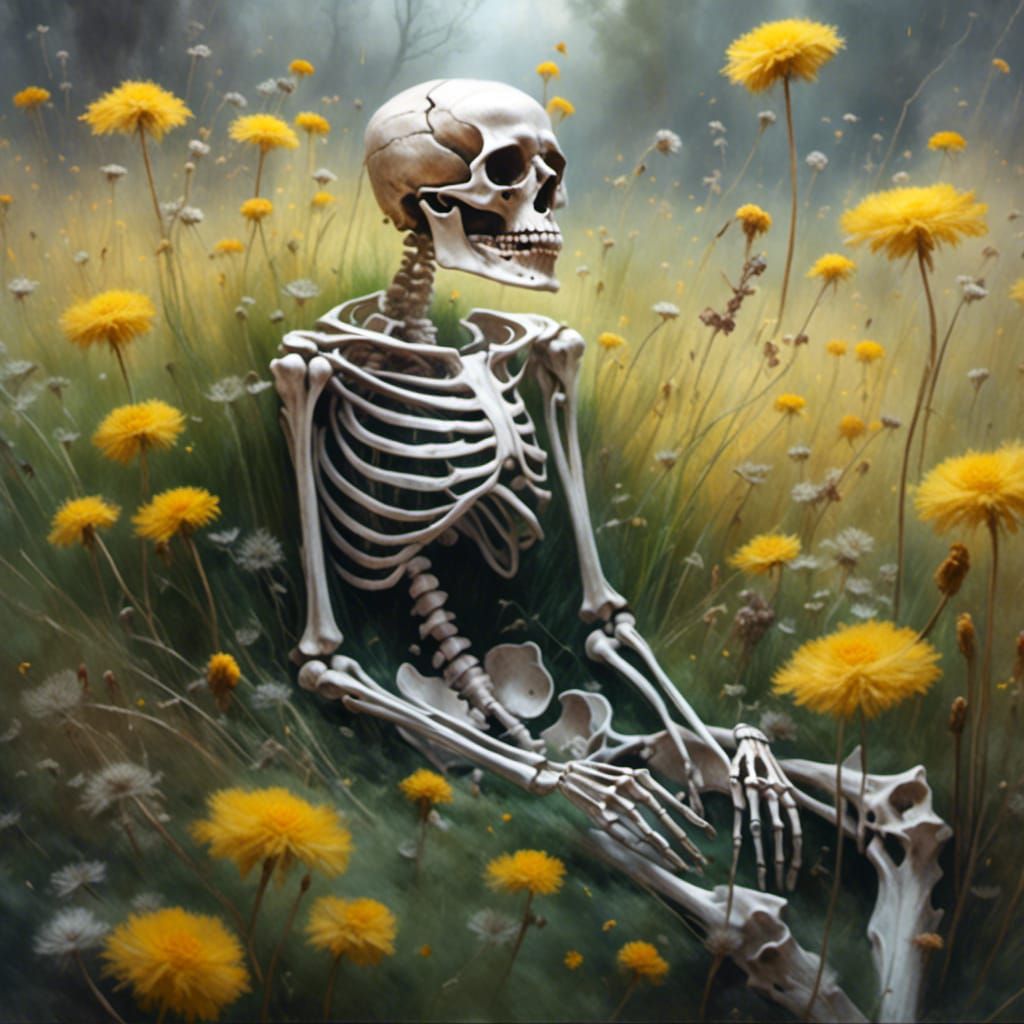 Skeleton Resting Among Dandelions in Fairytale Style
