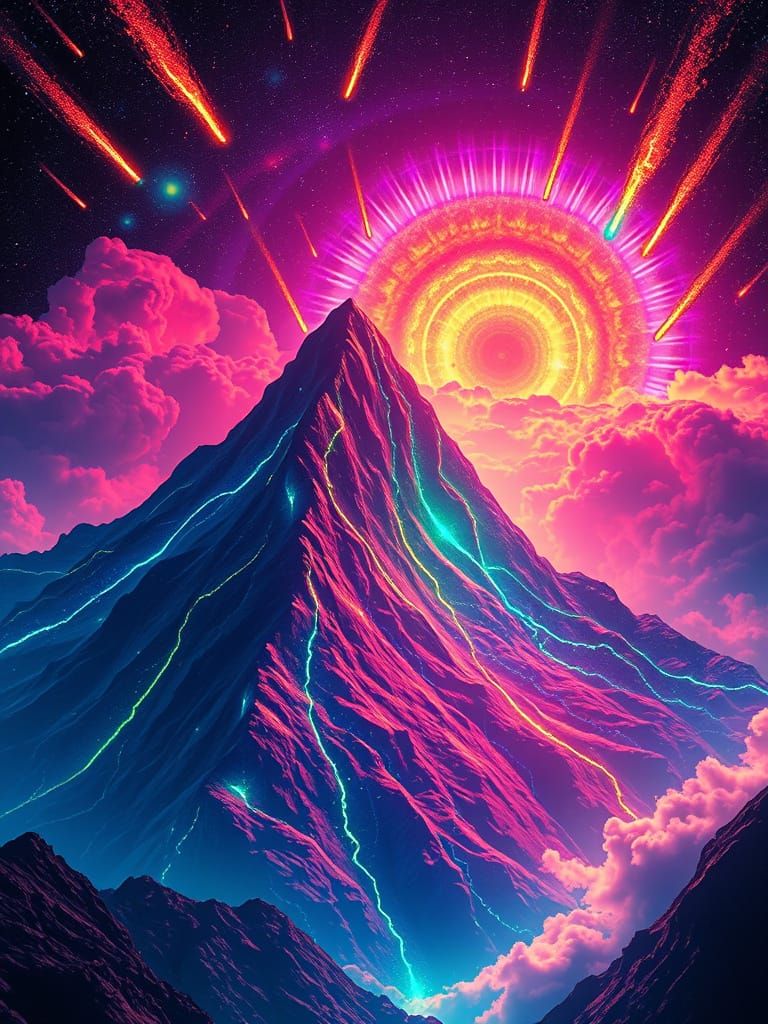 Surreal Cosmic Mountain Radiates Vibrant Iridescence