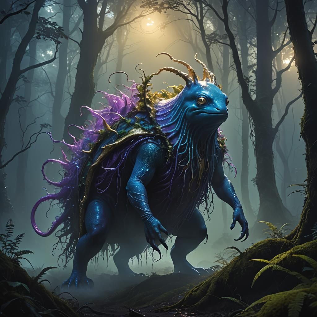 Half-Man Half-Slug Creature in Misty Forest