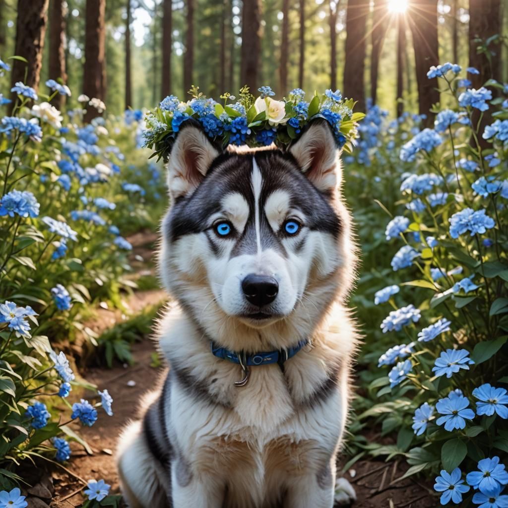 Husky with Blue Flower Crown in Sunlit Forest