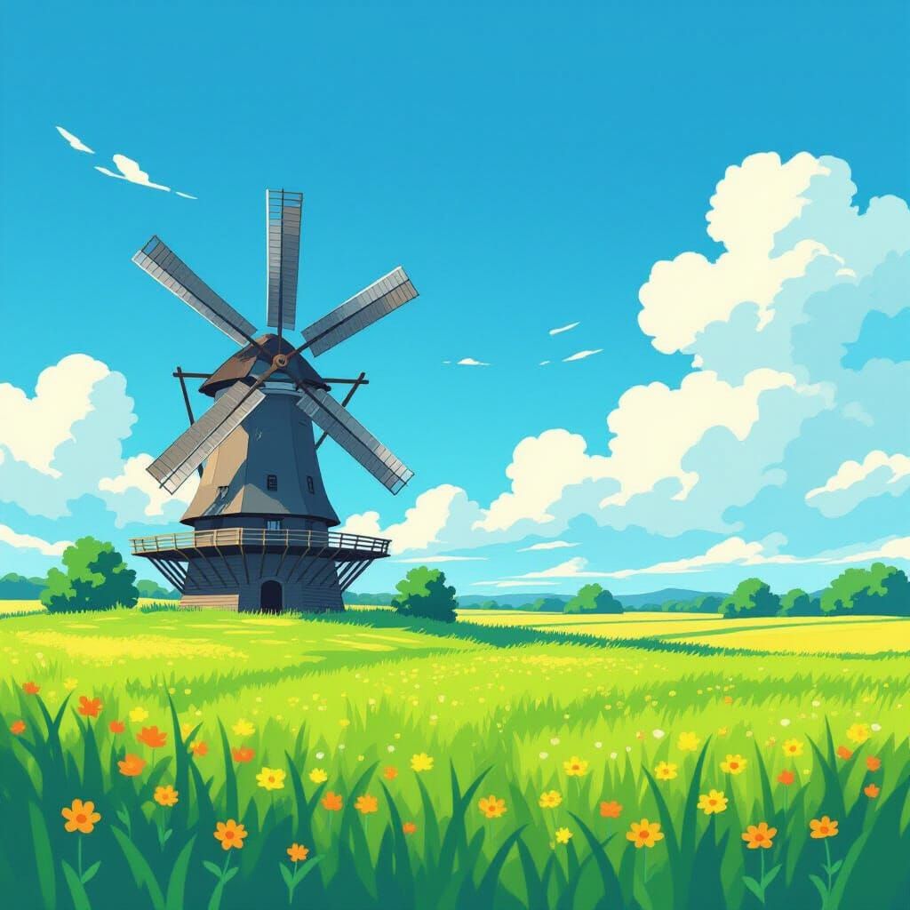 Anime Watercolor Windmill in Grassy Field with Wildflowers