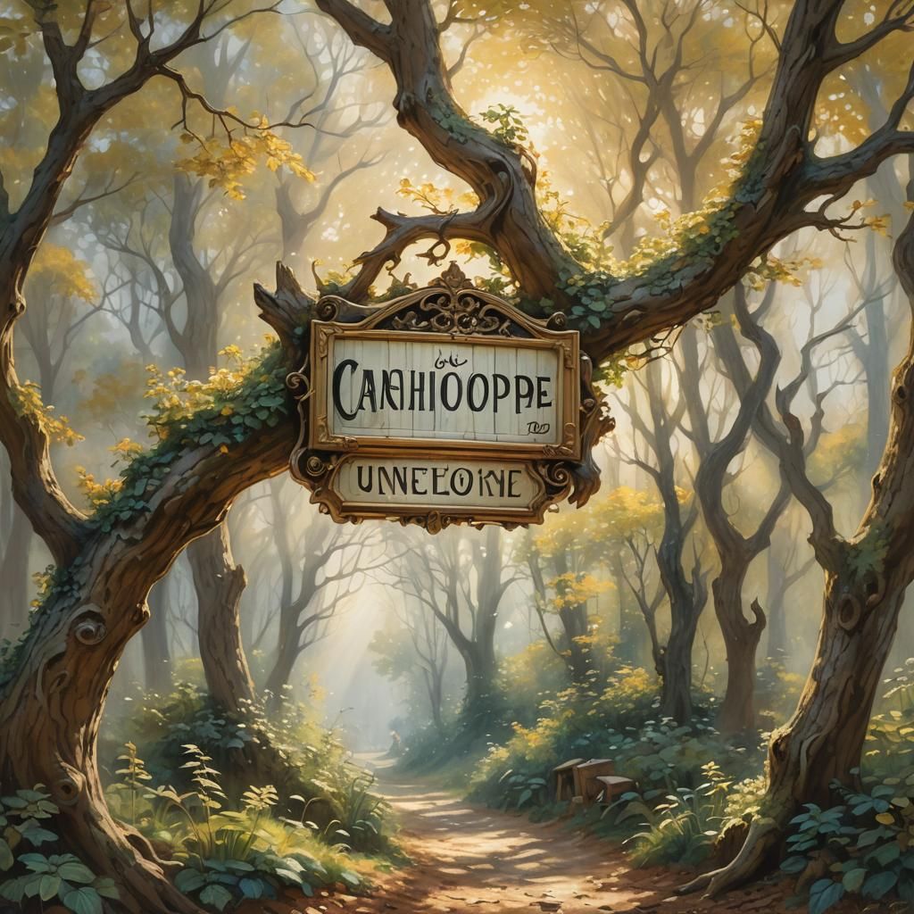 Mystical Forest Shop Sign in Impressionist Style