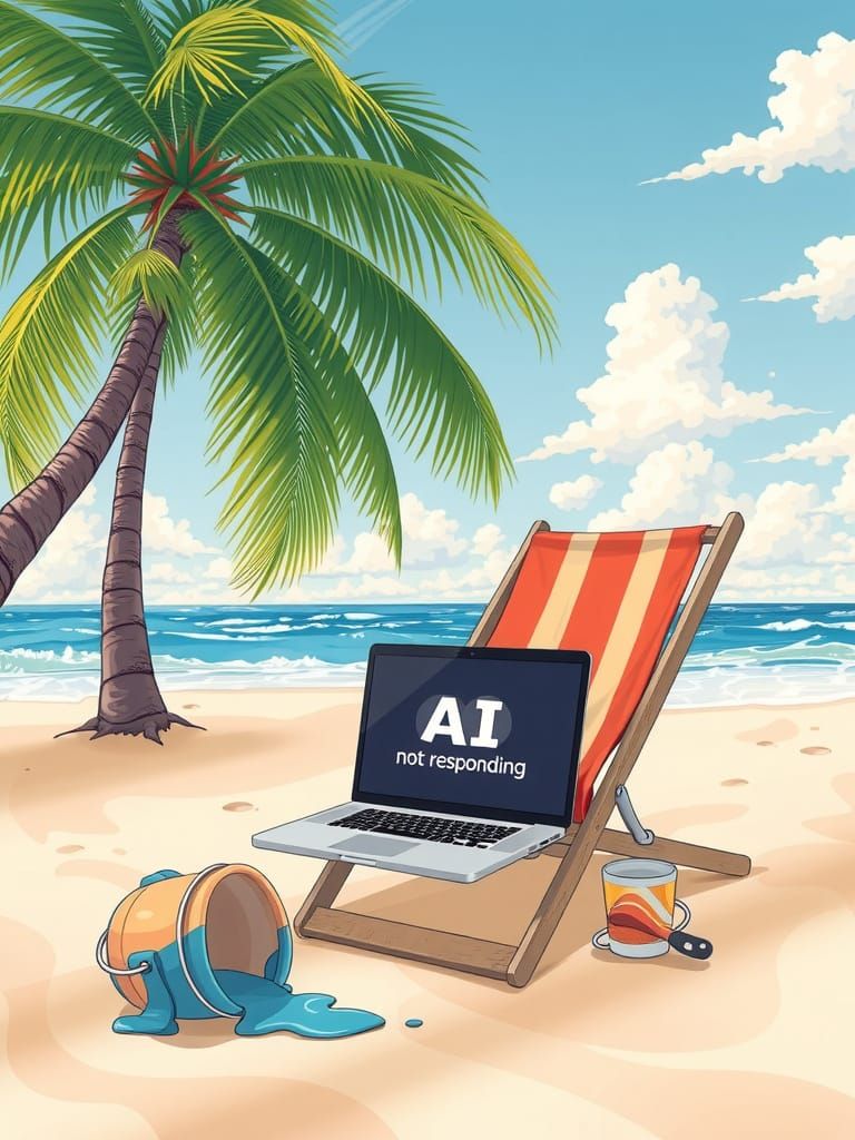 Vibrant Ink Painting of Laptop Under Palm Tree