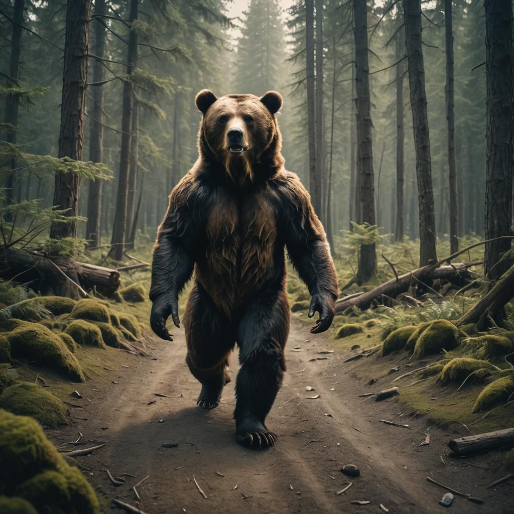 Cinematic Bear-Man Walking Upright