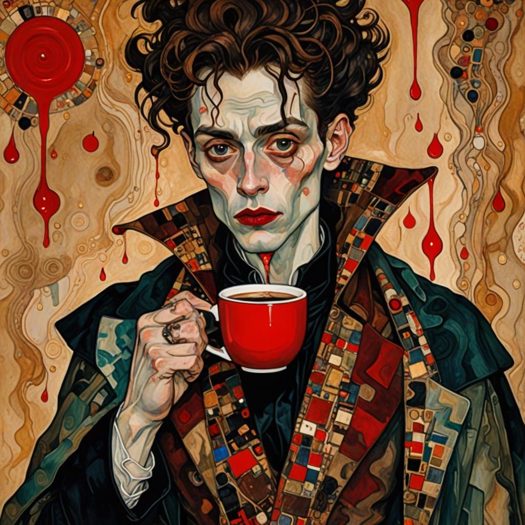 A pale tiktok vampire craving for a red coffee.