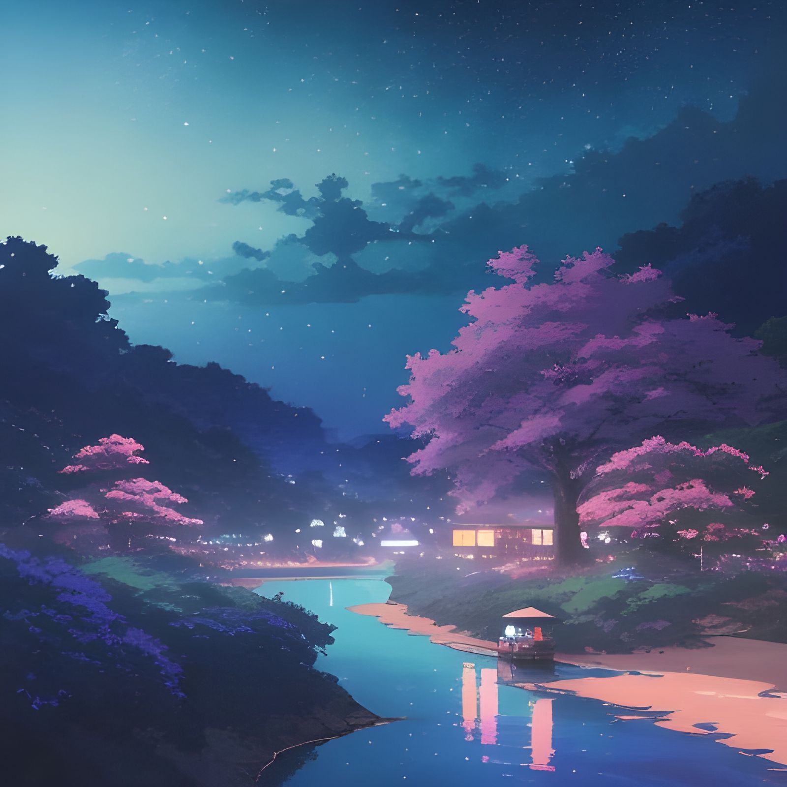 Anime Market Under Starry Sky in Ghibli Style