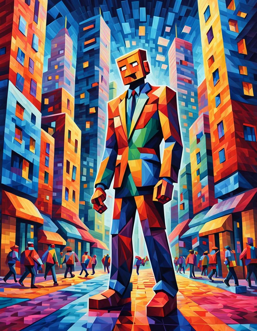 Pixel Art Cubism: Joyful Character in Geometric Cityscape