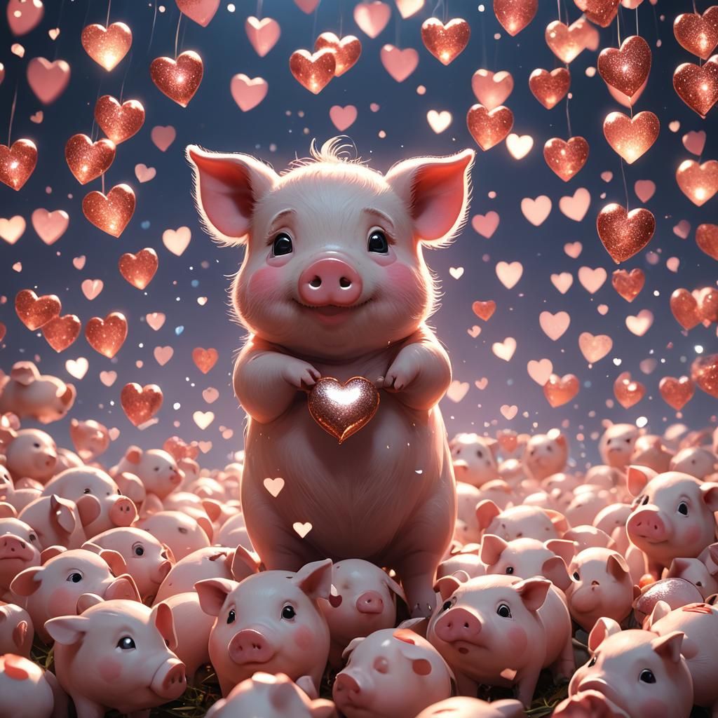 Cute Pig with Glowing Hearts: 3D Anime Art