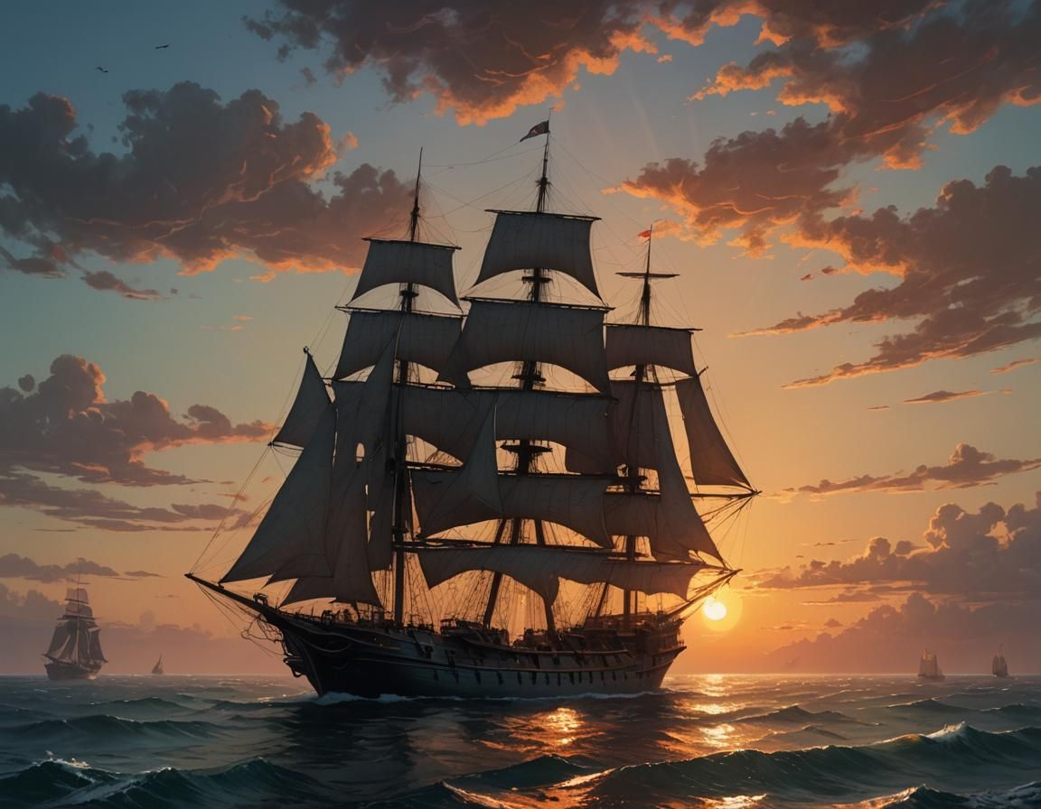 Victorian Ship Silhouetted at Sunset: Hyper-Detailed Paintin...