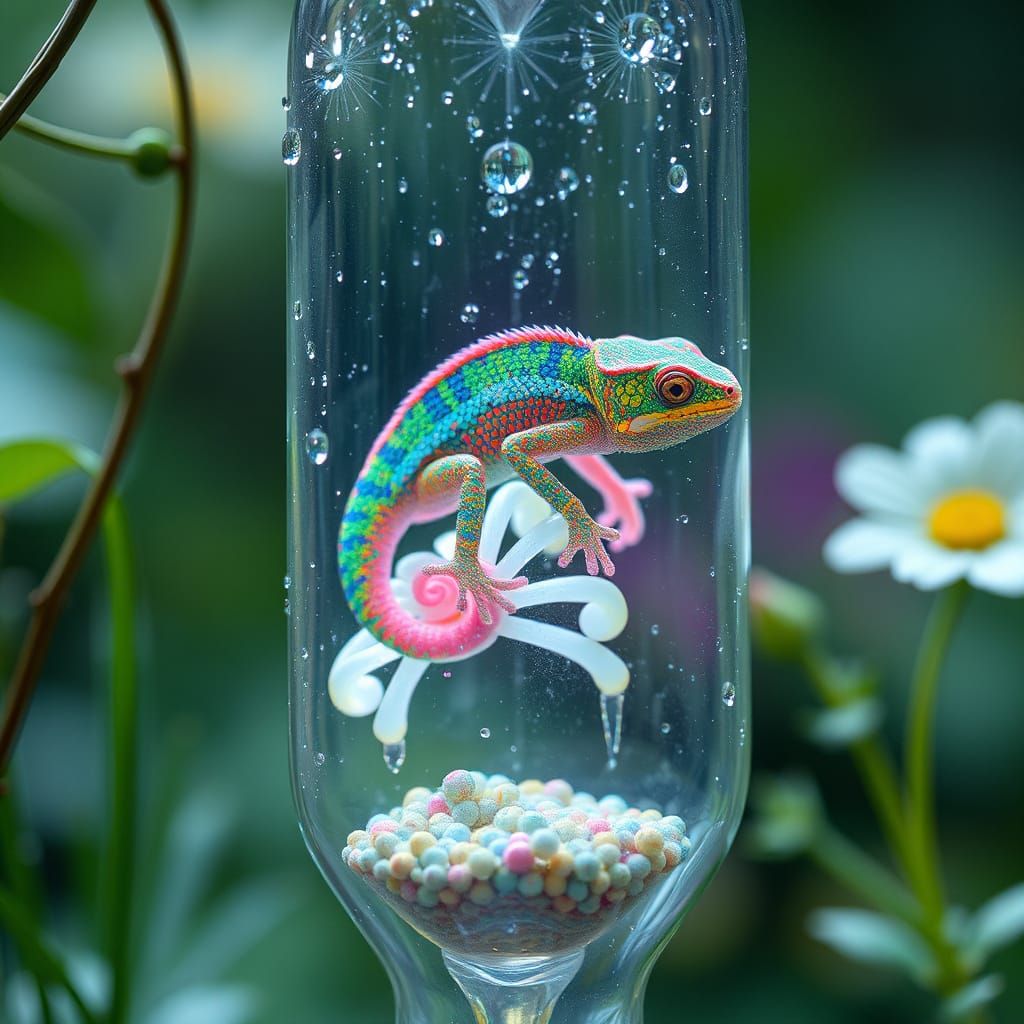 Invisible Chameleon in Dewdrop Reflections