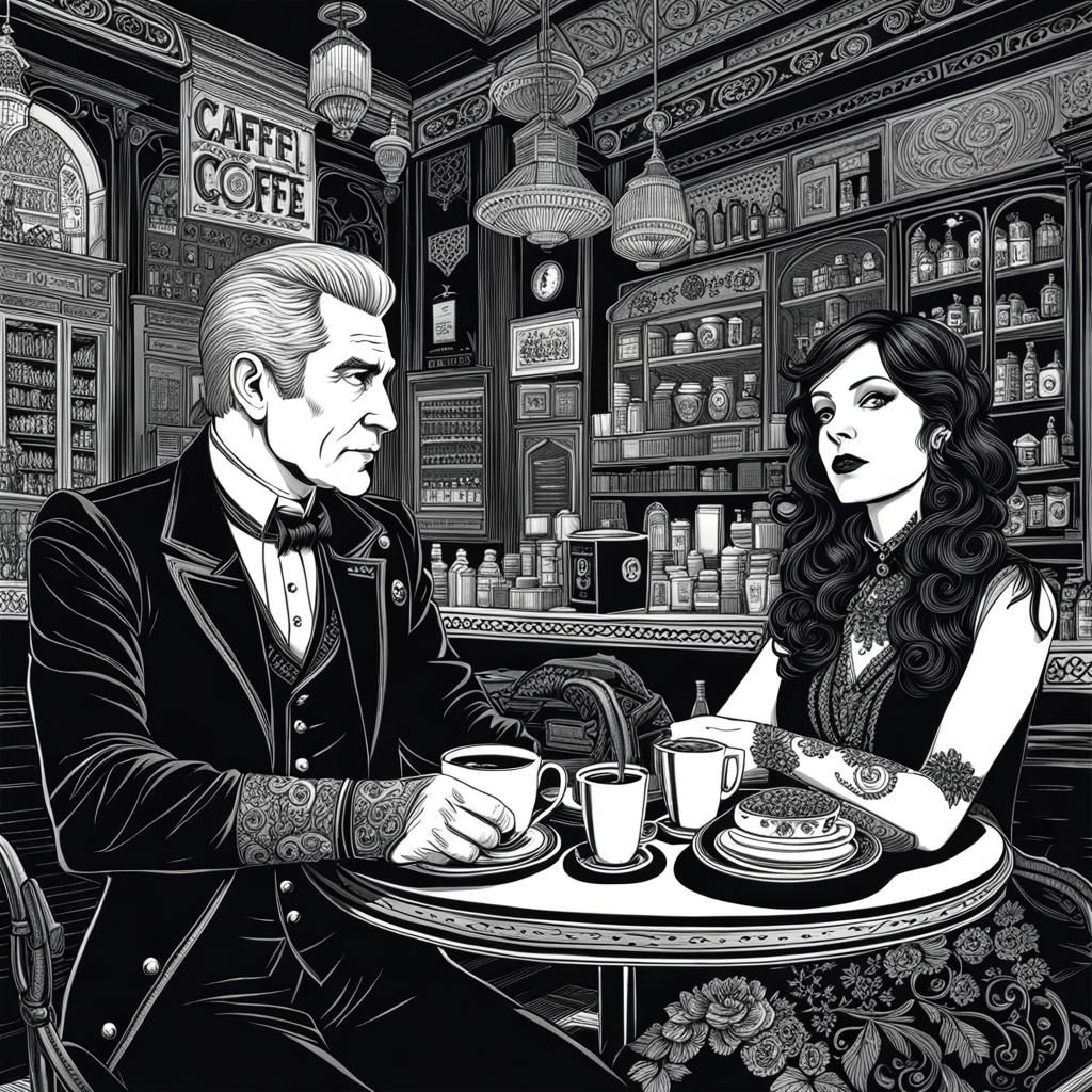 Caffeinepunk Encounter in Coffee Shop: Detailed AI Art