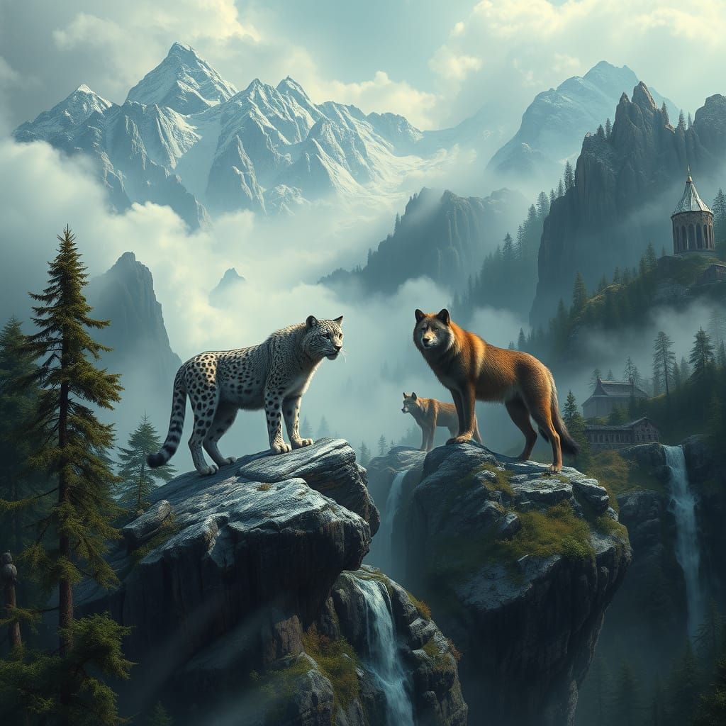 Snow Leopard and Timber Wolf Stand Guard on Enchanted Mounta...
