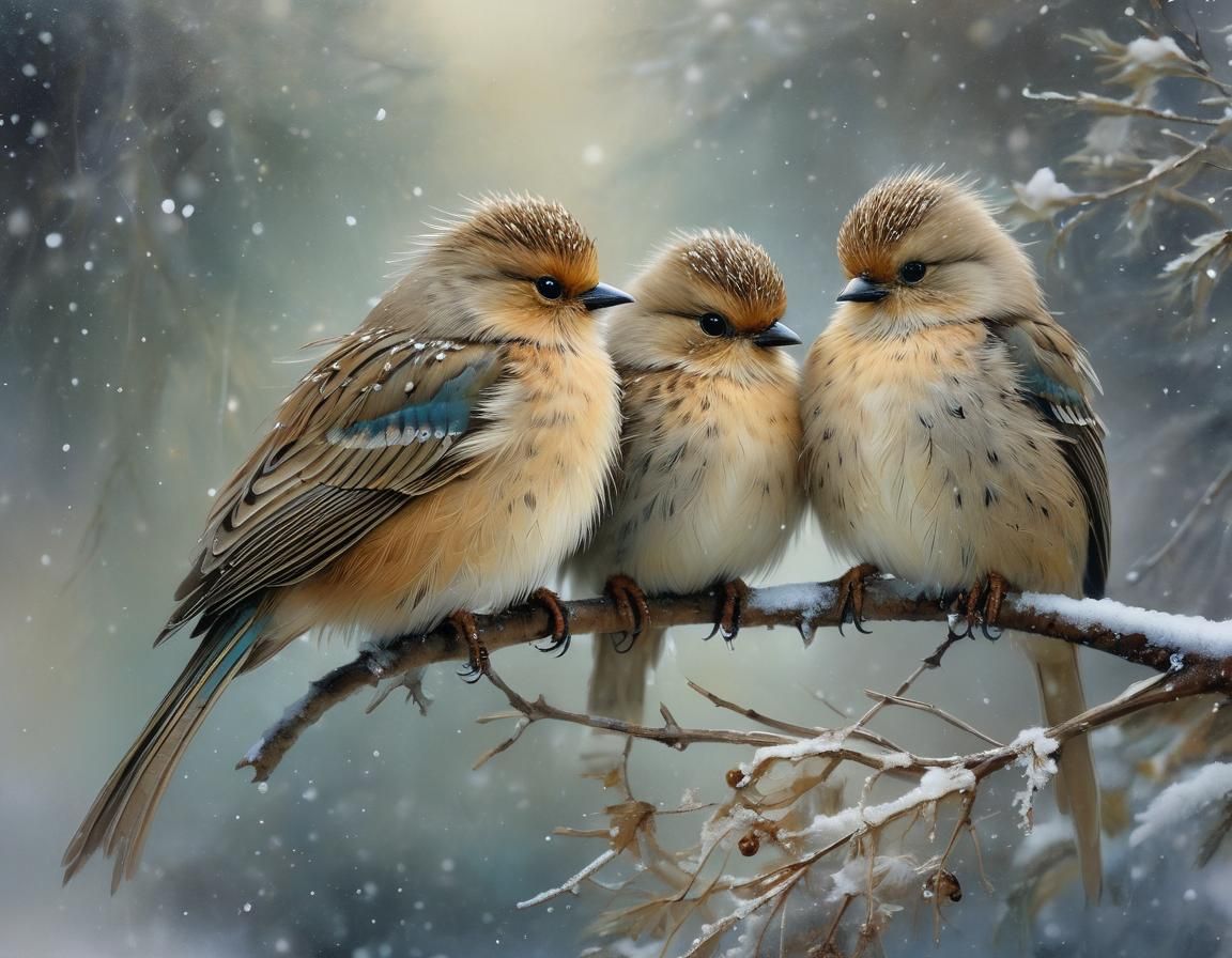 Two Fluffy Birds Huddling in Snow