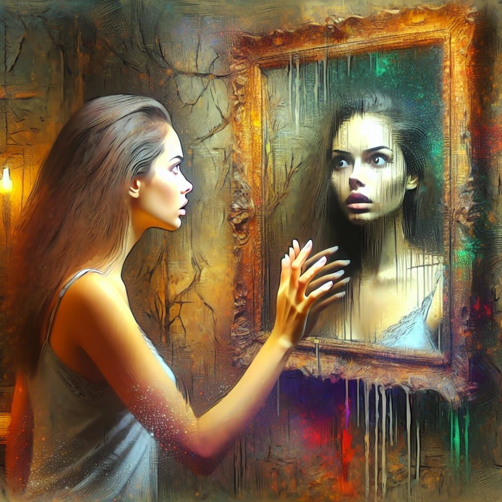 Woman in Dim Room Before Antique Mirror