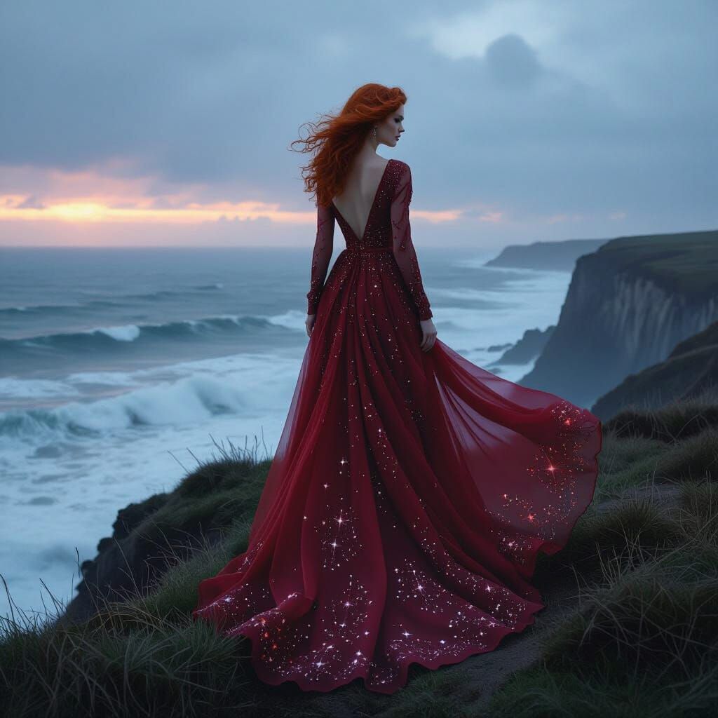 Ethereal Redhead on Windswept Cliff as Digital Art
