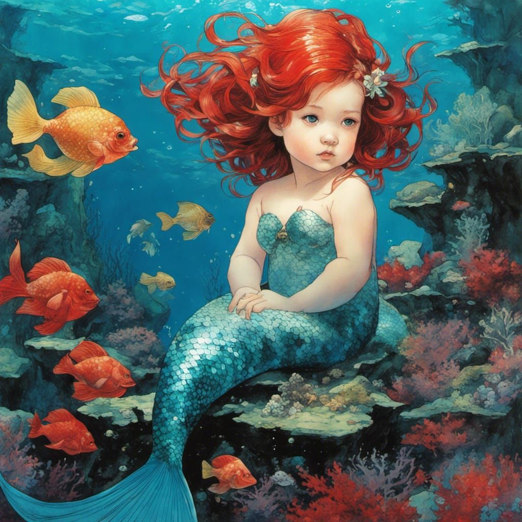 Adorable Baby Mermaid Portrait in Araki-Shinkawa Style