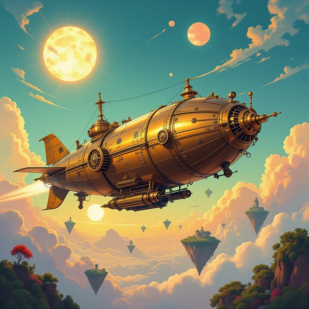 Steampunk Airship Soaring Through Alien Sky