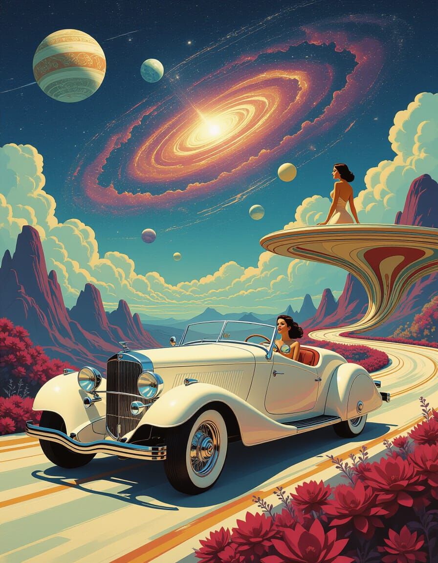 Surreal Dreamscape: Avant-Garde Roadster in Nebula Sky