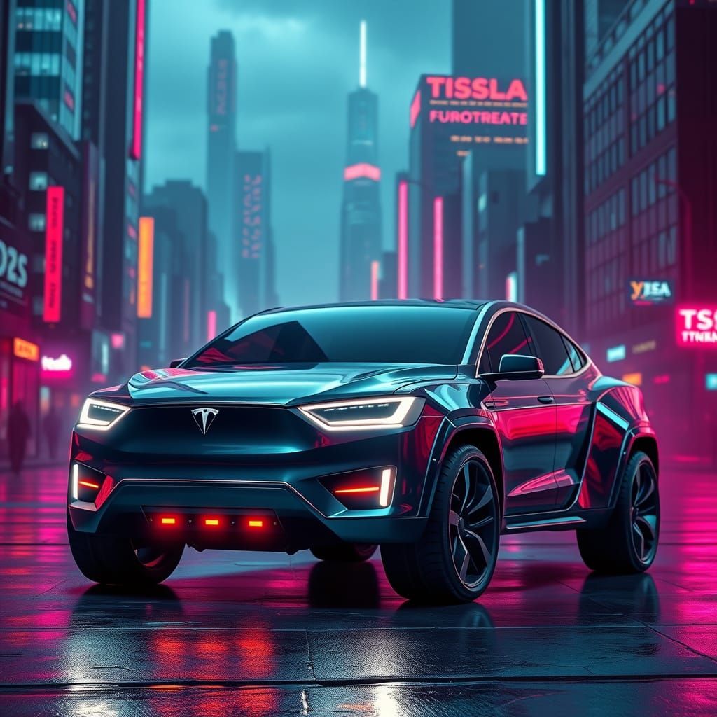 Cyberpunk CyberTruck in Neon Cityscape