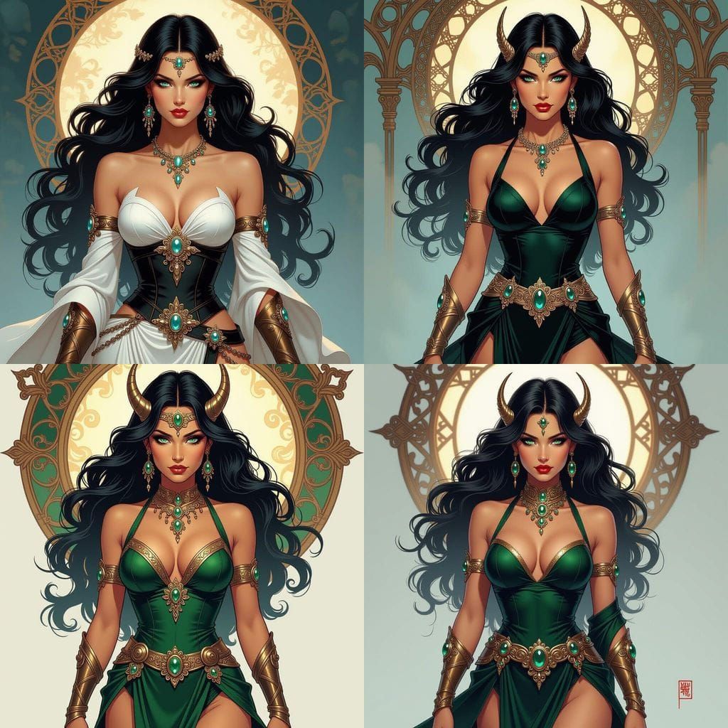 Demon Goddess in Elegant Attire with Flowing Hair