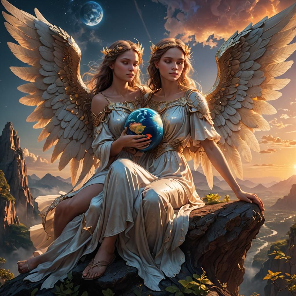 Angel Embracing Earth at Sunrise: Detailed Digital Art