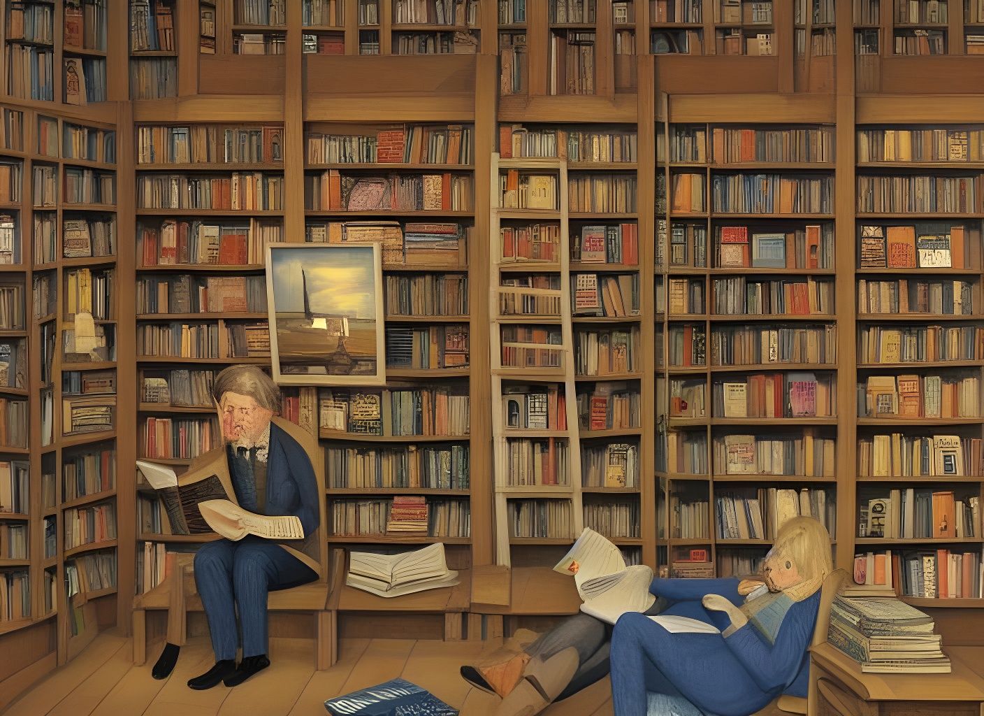 Comical Overstocked Bookstore in Naive Art Style