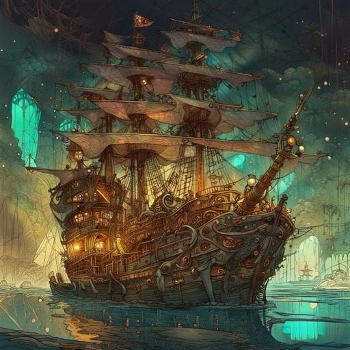 Steampunk Pirate Ship on the Open Sea