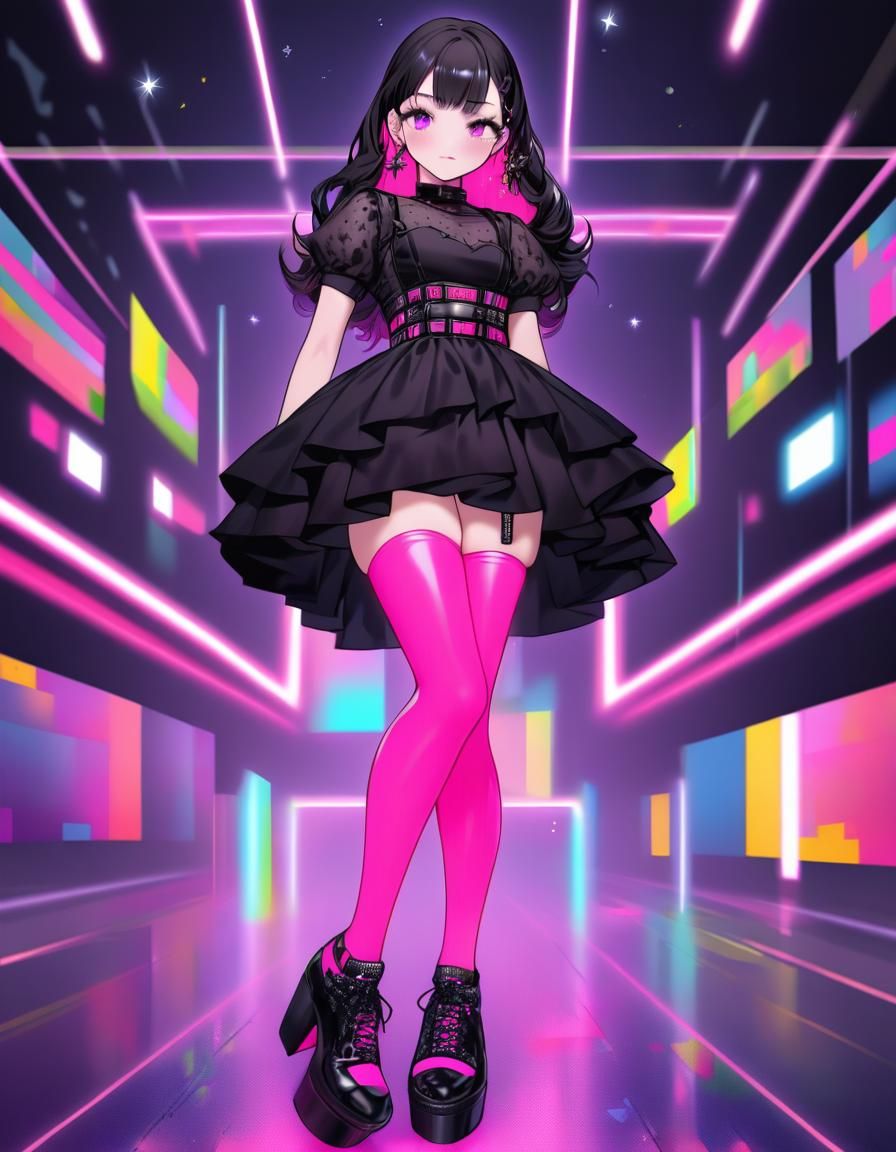 Beautiful Woman in Starry Dress and Pink Stockings