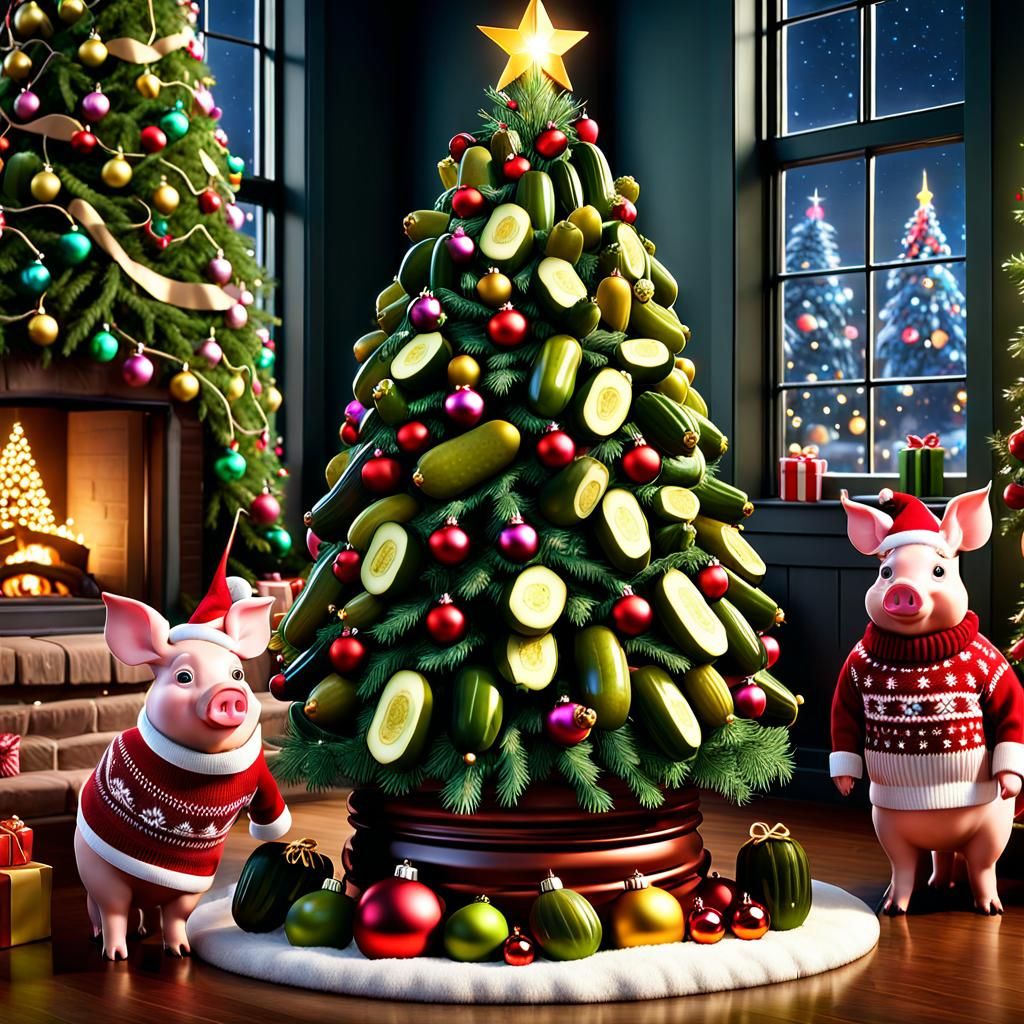 Pickle Christmas Tree with Piglets: 3D Digital Art