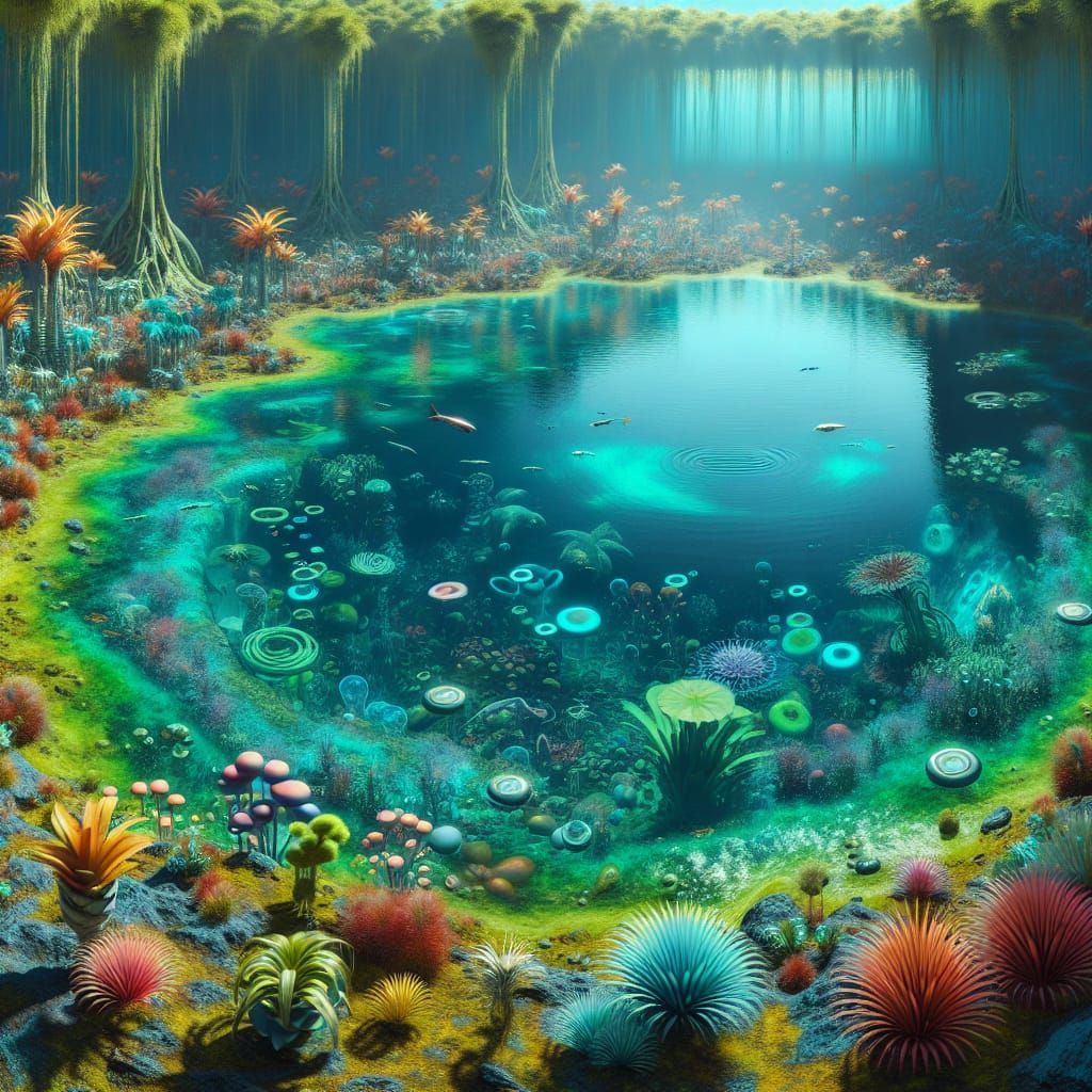 Alien Pond Ecosystem with Aquatic Plants and Animals