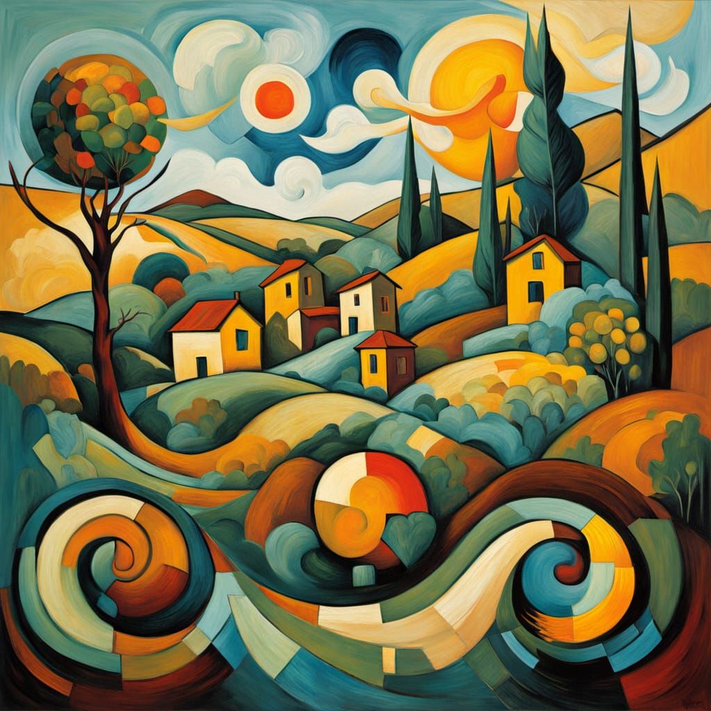 Dreamlike Cubist Landscape in Earthy Tones