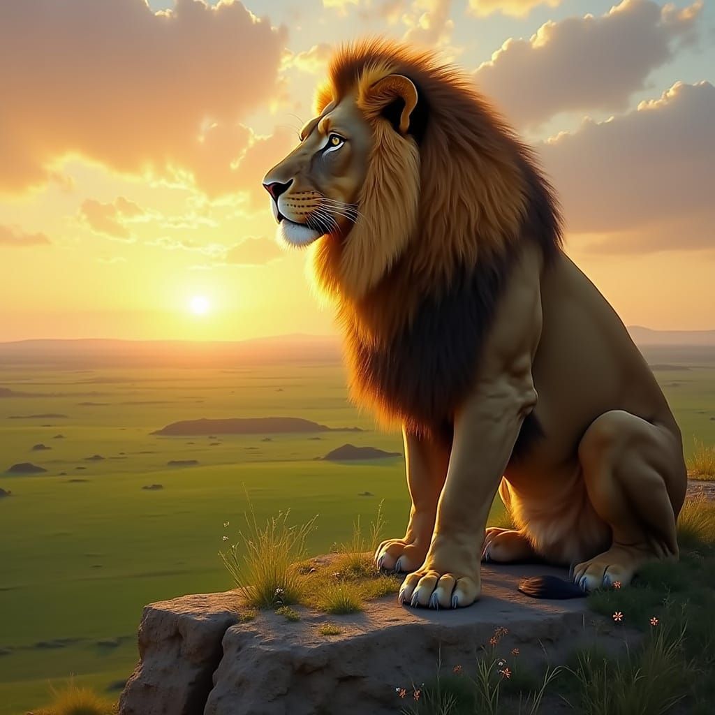 Regal Lion Overlooking Plains at Sunset