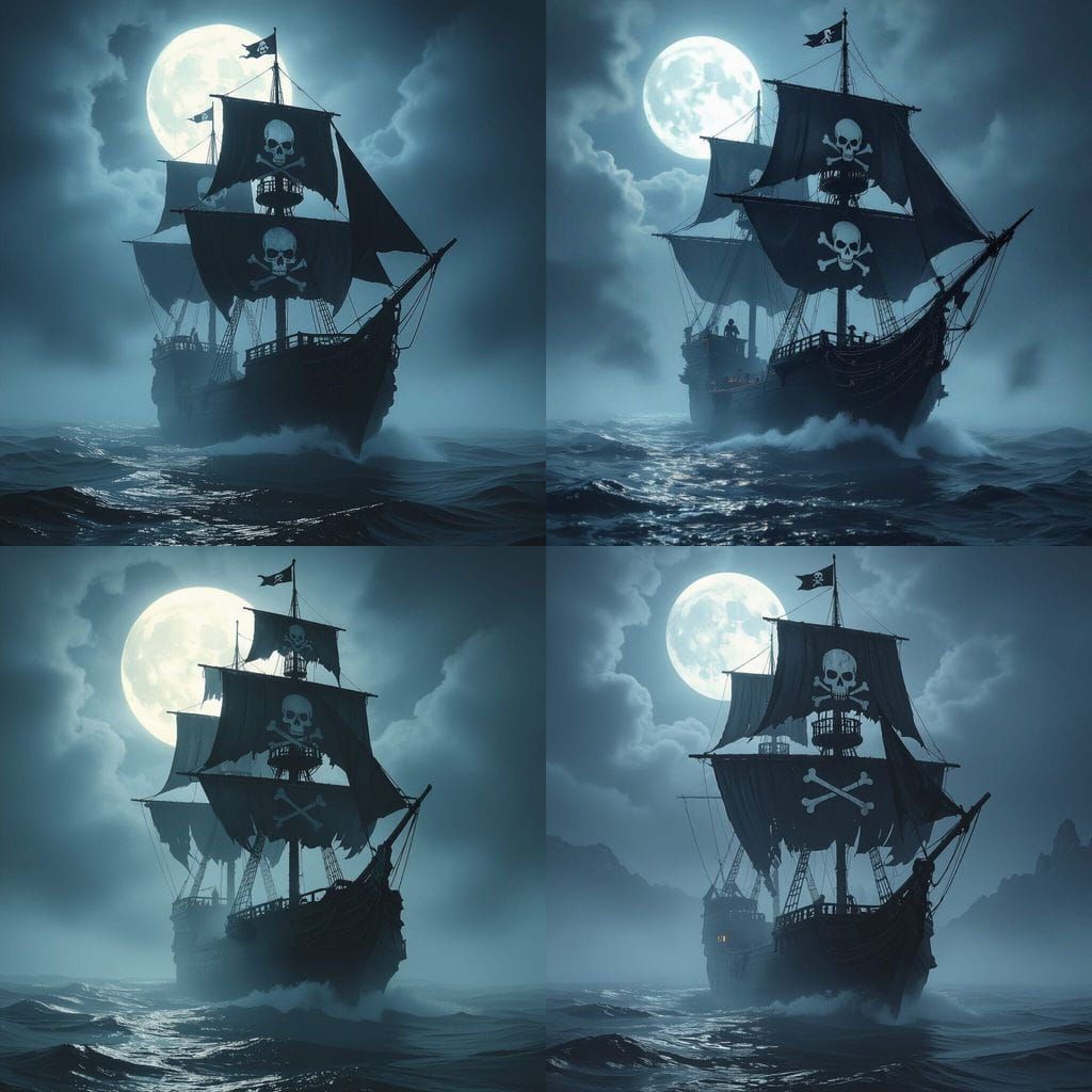 Ghostly Pirate Ship in Eerie Fog Under Full Moon