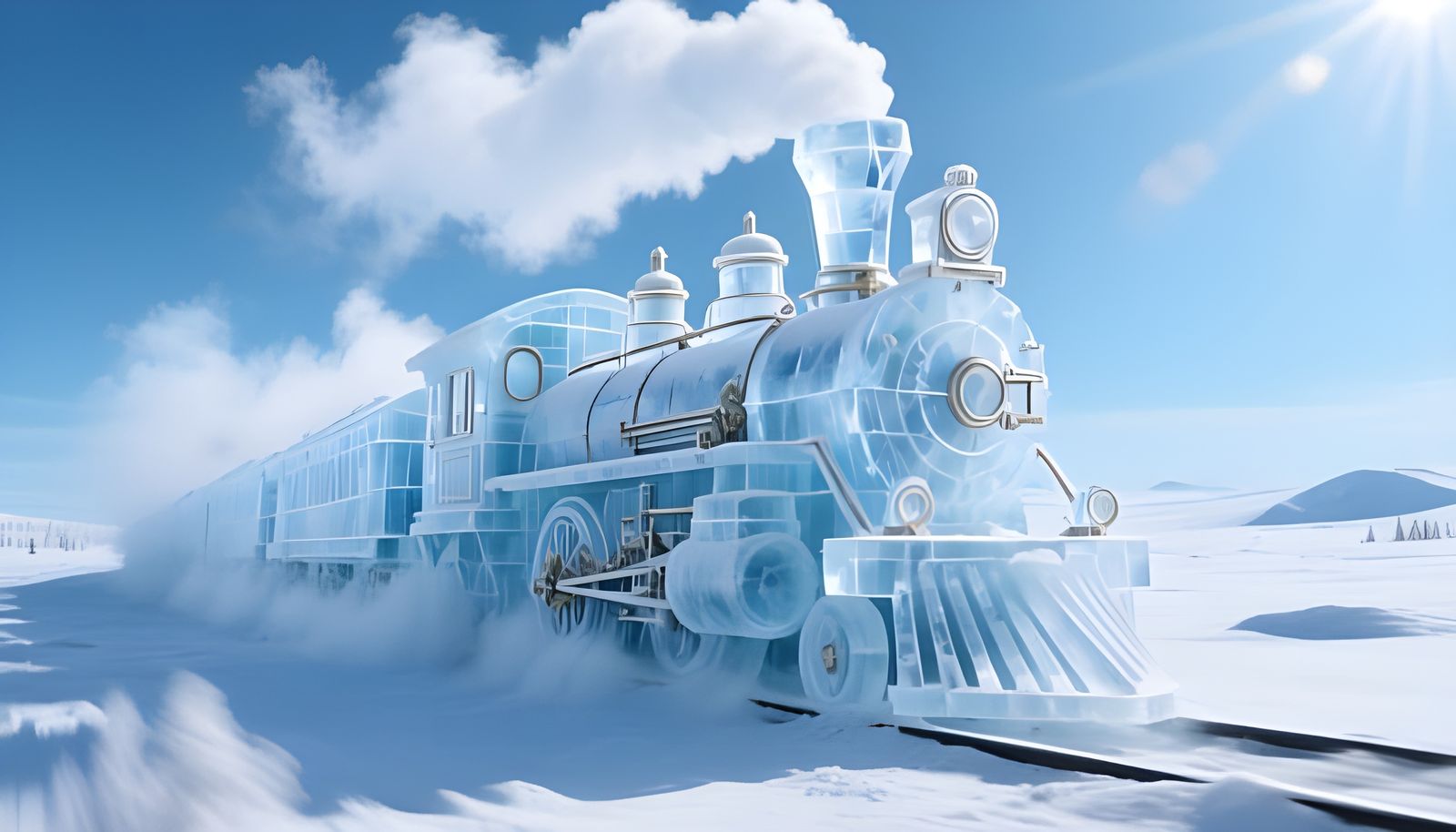 Steampunk Ice Train Sculpture in Snowy Landscape