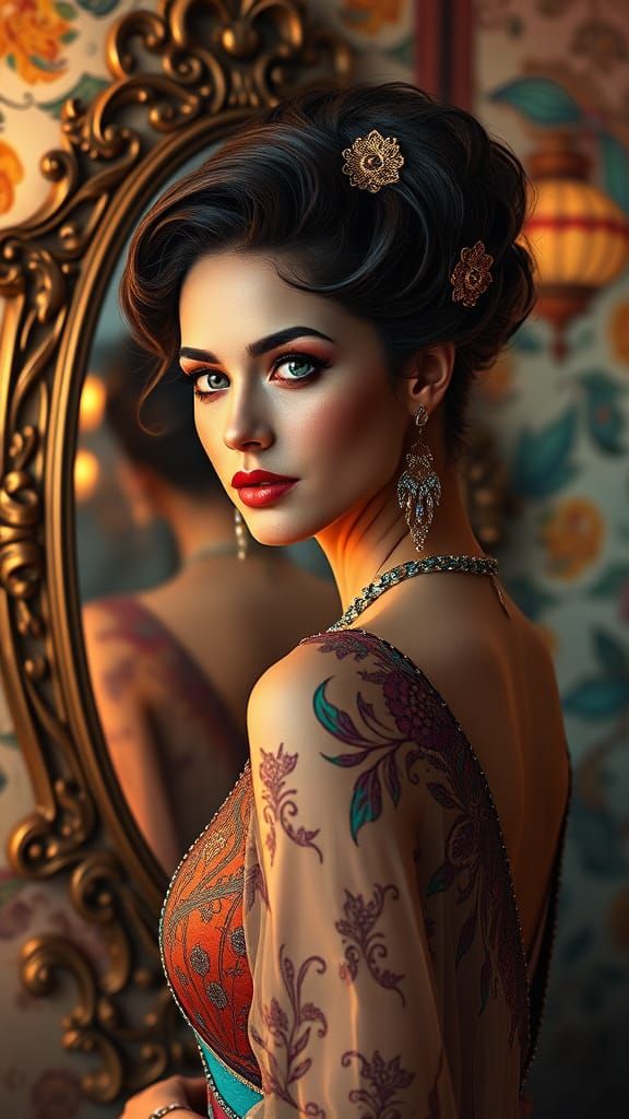 Elegant Lady in Antique Mirror Setting, Hyper-Realistic Art ...
