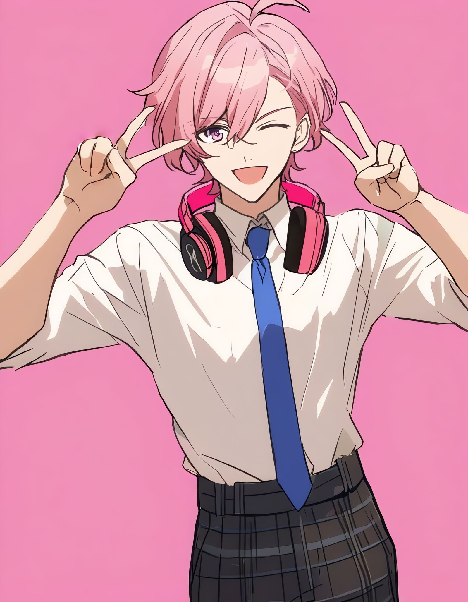 Anime Boy with Pink Headphones and Pink Hair