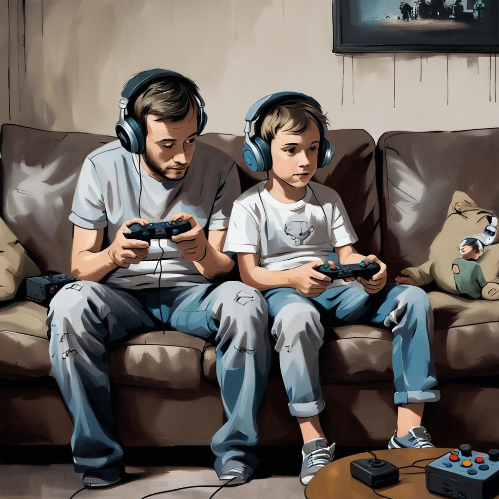 Father and Son Gaming: Banksy Street Art