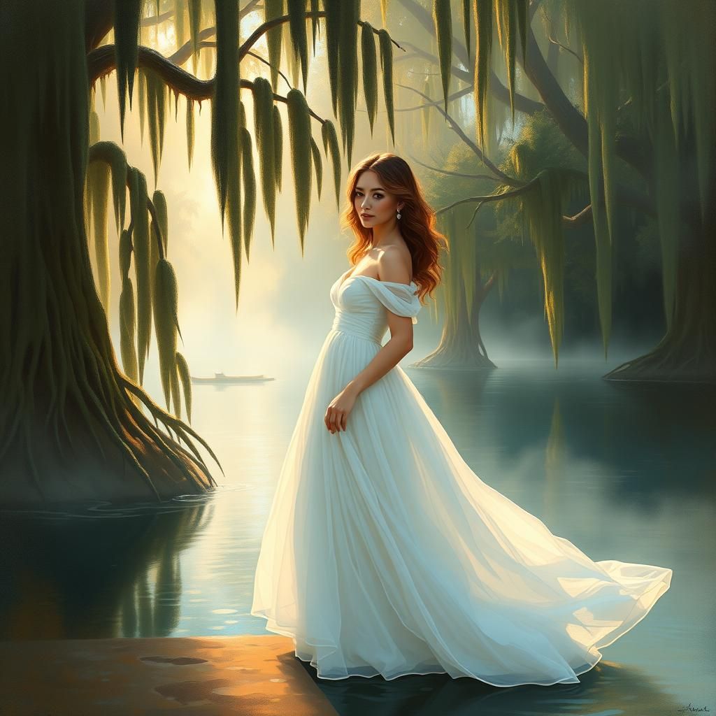 Dreamy Woman in Flowing Gown by Blue Bayou