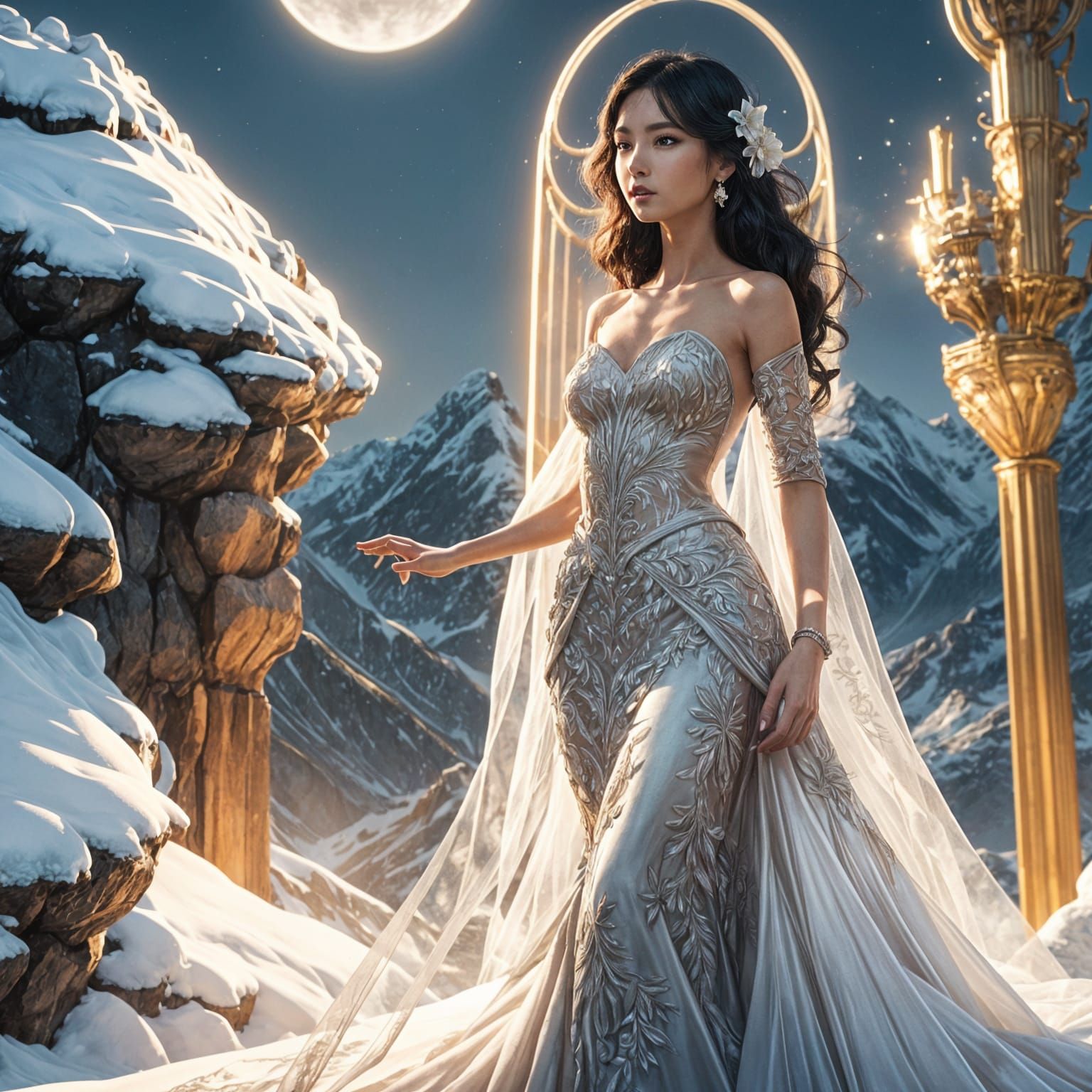 Elegant Asian Bride on Snowy Cliff in Vintage Art Deco Style