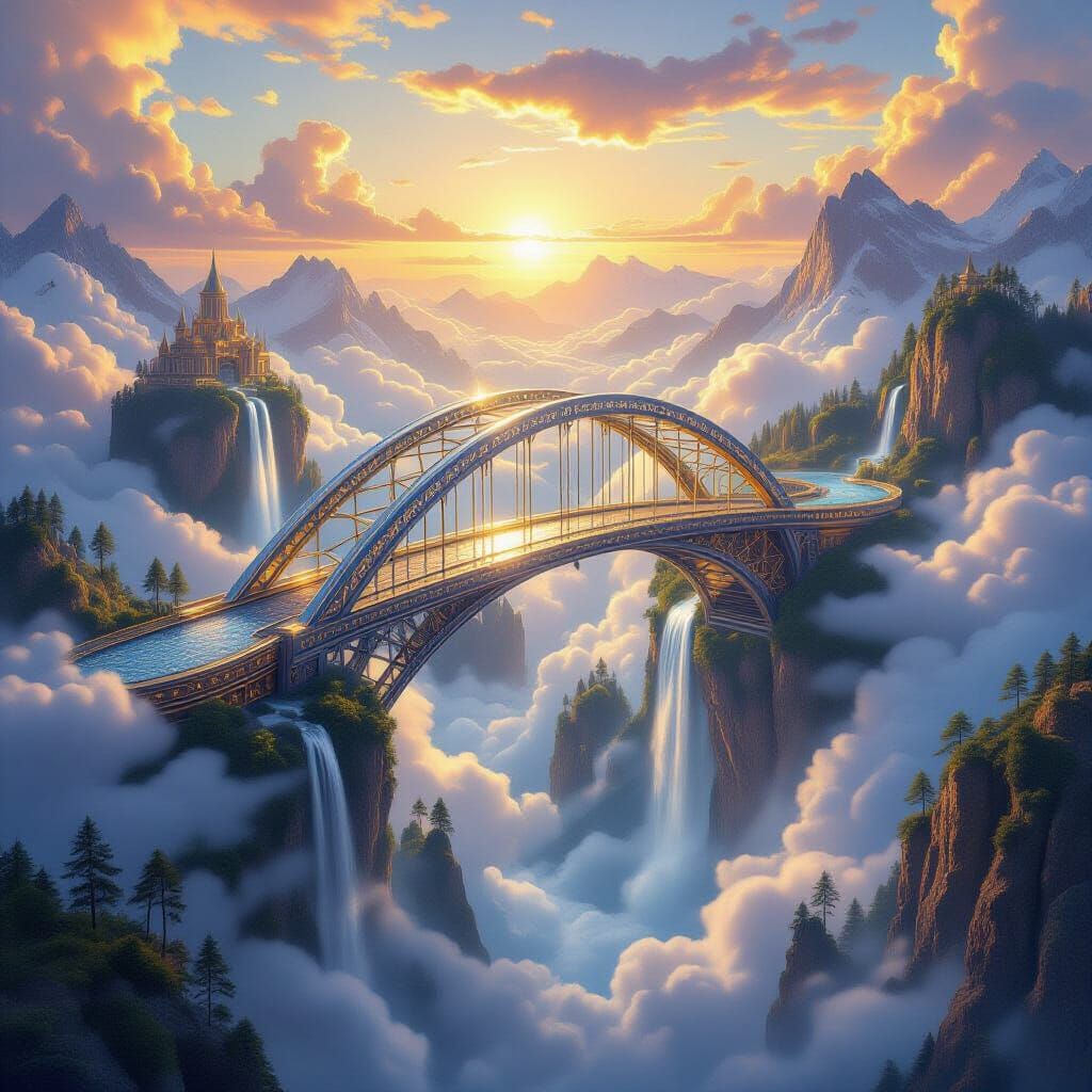 A fantastical bridge made of shimmering metal and pure energy