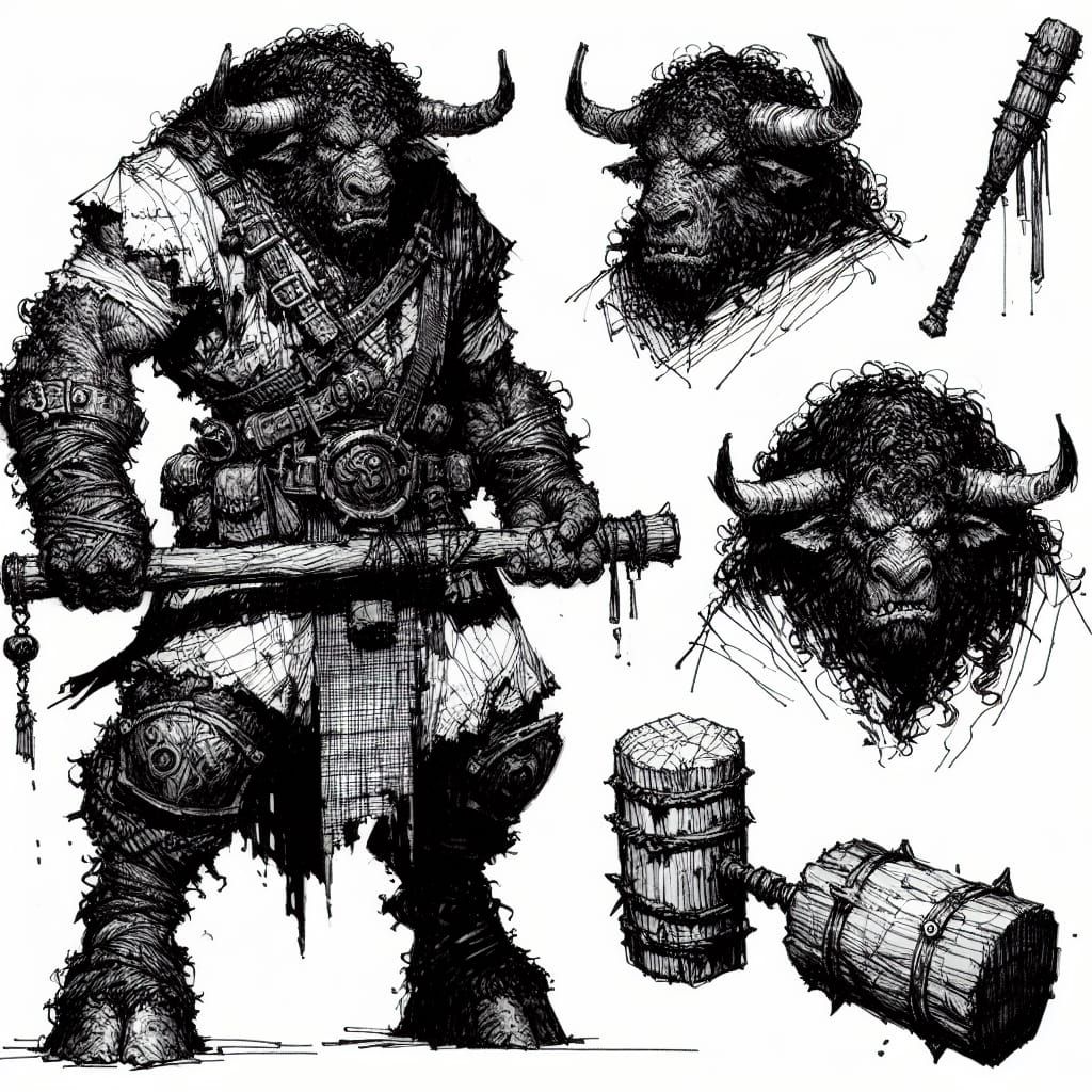 Minotaur Brawler Character Study in Ink