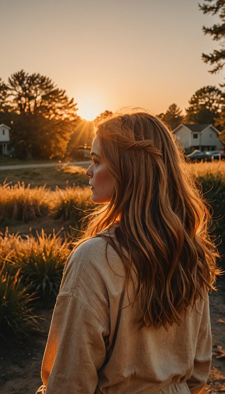 Girl Watches Sunset in Cinematic Film Still