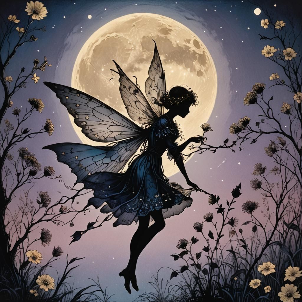 Spring Fairy Silhouette in Vintage Illustration Style