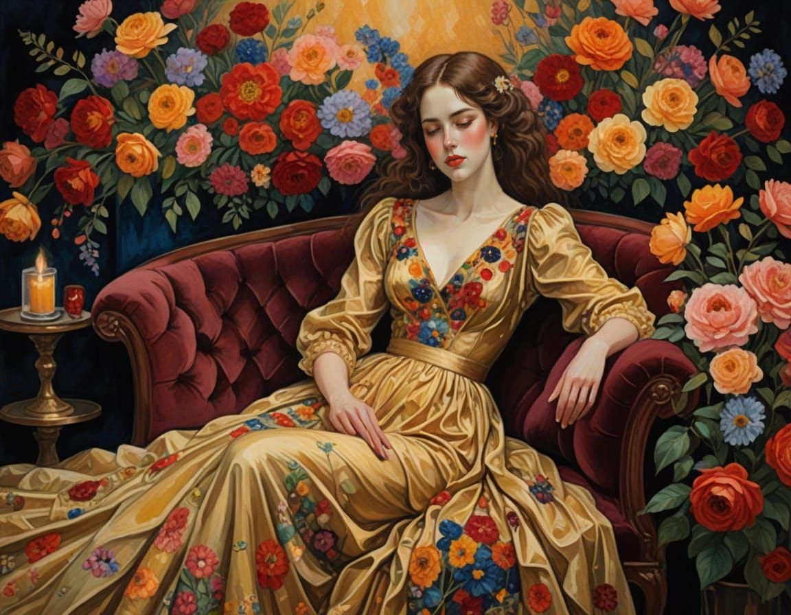 A Luminous Valentine's Day Scene in Klimt-Inspired Style