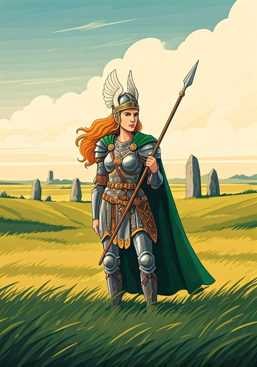 Cartoon Irish Warrior Queen in Windswept Field