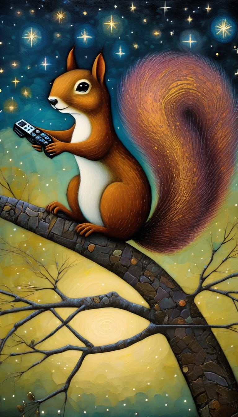 Squirrel with Remote, Oil Painting