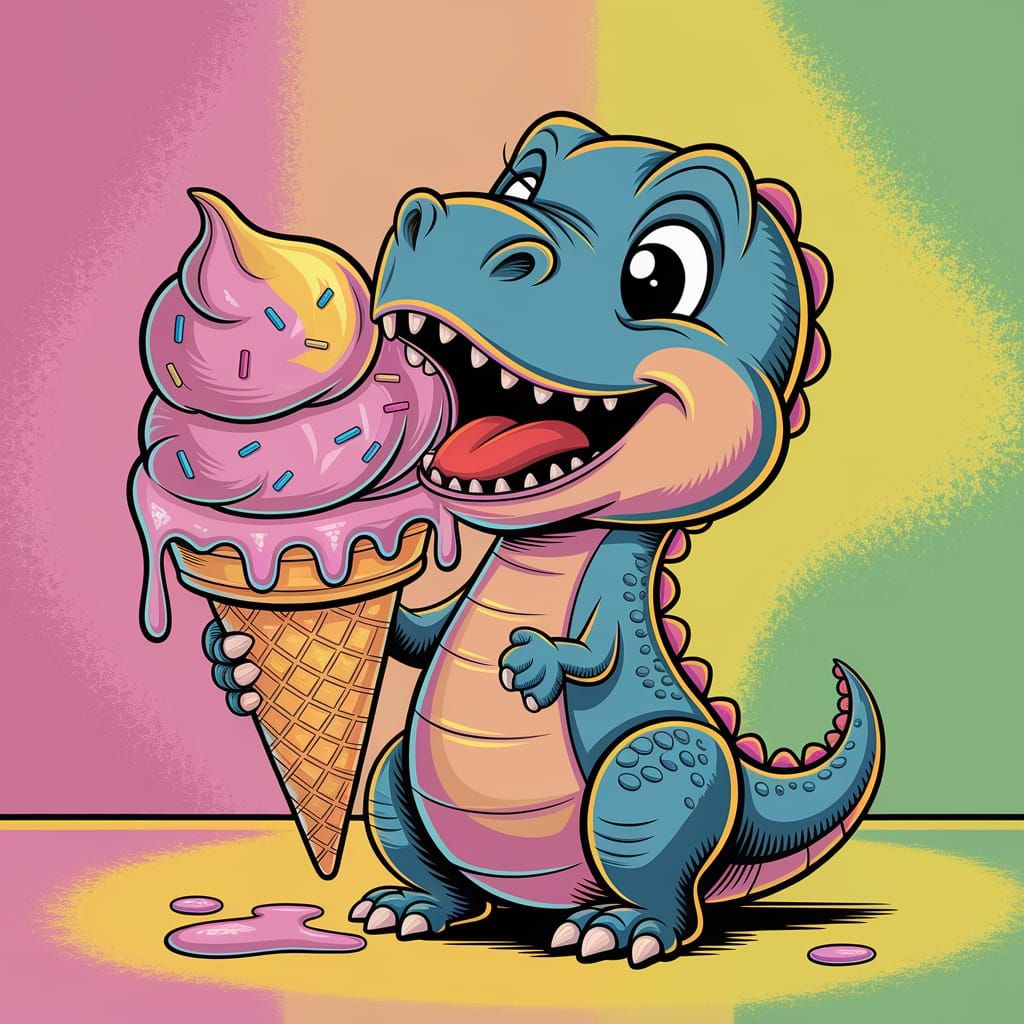 Cartoon Dinosaur's Joyful Ice Cream Treat