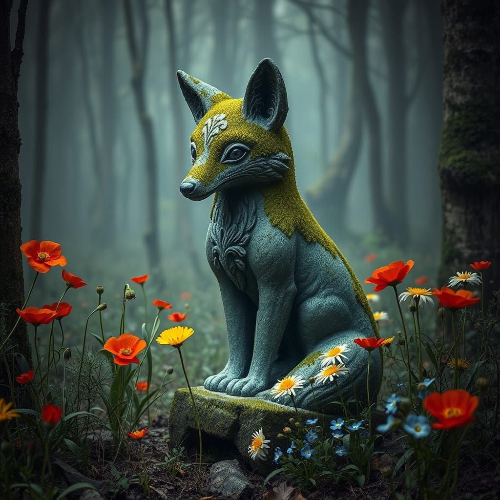 Mossy Stone Fox Statue in Mystical Woodland