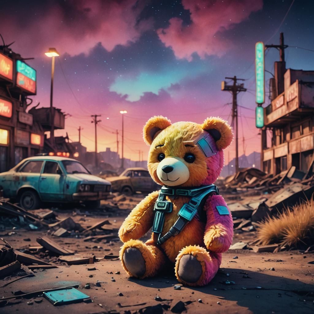 Cuddly Toy in Post-Apocalyptic Neon Watercolor